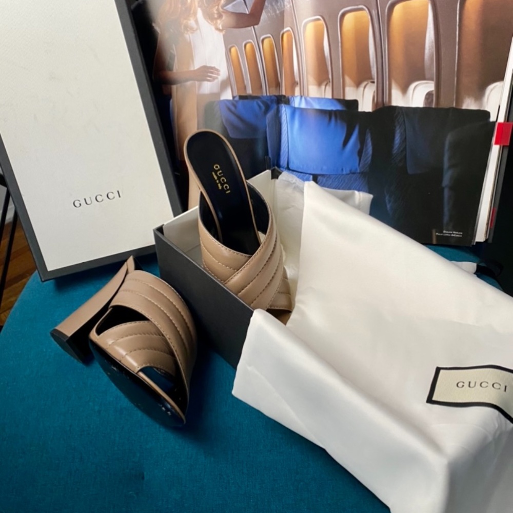 Gucci Malaga Webby Crossover High Heel Slide Sandals 38 Porcelain Rose Like New